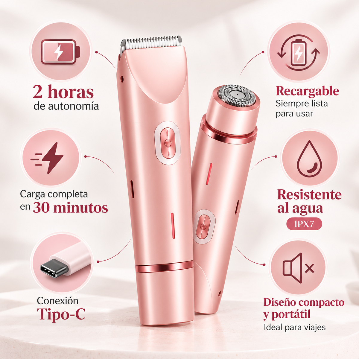 Depiladora Eléctrica para Mujer 2 en 1 Recargable – Rostro y Cuerpo