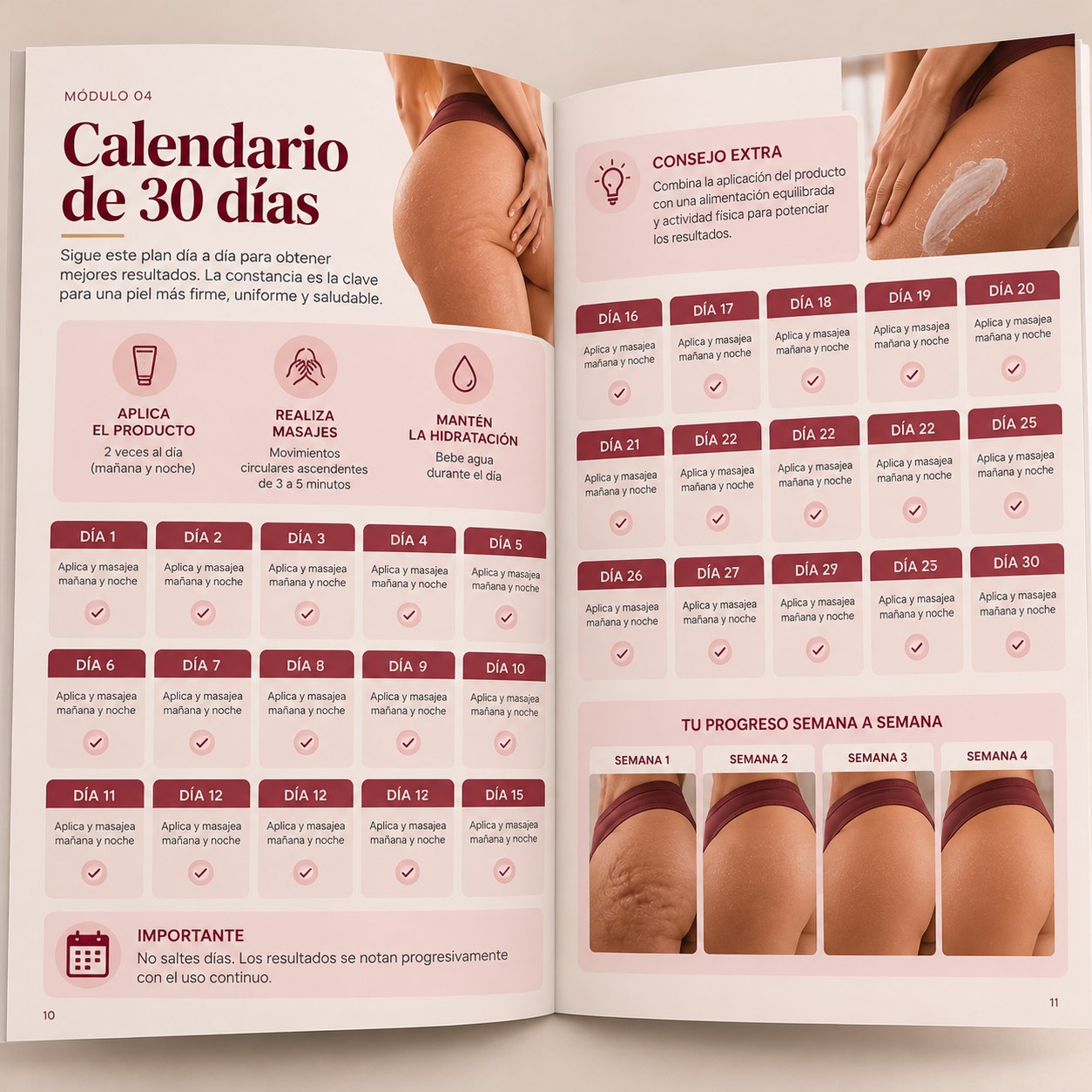 Calendario de 30 días con el plan diario del tratamiento